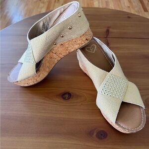 Gold Cork Wedge Sandals with Crisscross Straps